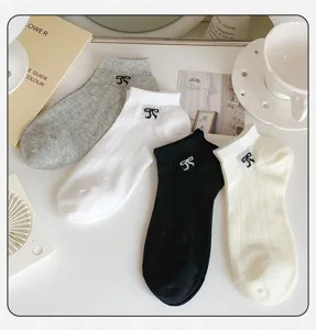 Korean style breathable thin mesh short socks with cute black bow embroidery, multi-color set.