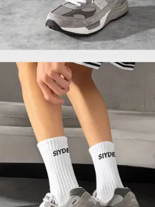 Men's cotton casual sports socks with letter print, comfortable athletic long tube white socks.