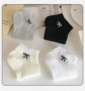 Korean style hollow breathable short socks for women, summer thin mesh striped bow cute socks.