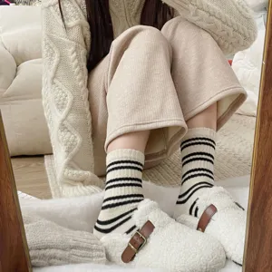 Women winter thick warm striped mid-tube socks korean vintage cozy fleece slippers footwear