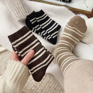 Women thick warm striped socks cozy autumn winter fashion retro casual mid tube socks