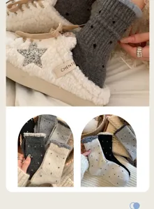 Cozy autumn winter polka dot striped knit socks with soft fuzzy shoes for women, warm daily wear.
