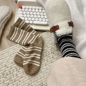 Women winter striped mid tube socks cozy soft vintage casual daily wear socks detail view