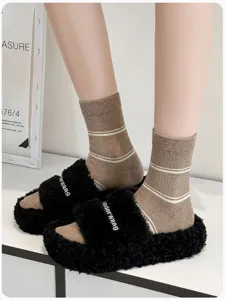 Women autumn winter striped mid tube socks with black fluffy slippers college style cozy footwear