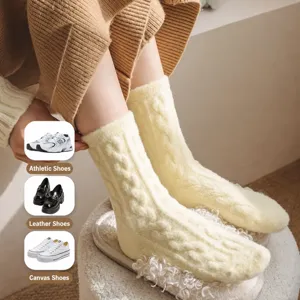Thickened Fleece Warm Mid-Tube Socks Autumn Winter Imitation Mink Velvet Solid Color Cable Knit Cozy Floor Sleeping Socks