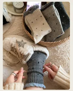 Cozy knit dot socks with plush star shoes, warm retro style for autumn and winter daily wear.