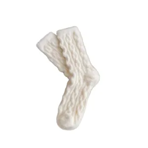 Cozy fleece-lined plush cable knit winter mid-calf socks for women warm indoor floor wear