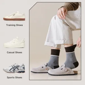 Men's ribbed mid-calf socks with contrast stripes, comfortable cotton blend casual crew socks for daily wear.