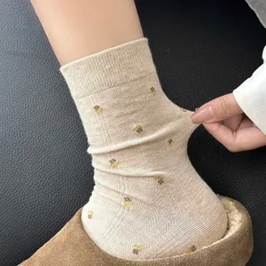 Chic floral knit crew socks for women, fashionable Japanese style cute casual daily wear.