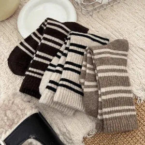 Women's autumn winter thick warm striped mid-tube socks Korean retro cozy casual long socks