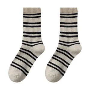 Women autumn winter mid-calf socks warm vintage striped design cozy daily wear socks