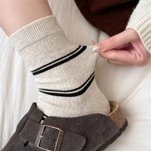 Comfortable women striped mid-calf socks, cozy cotton daily wear matching casual shoes.