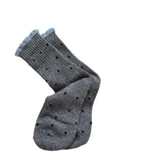 Women cute grey polka dot knit socks with blue ruffles, cozy thermal winter crew socks main