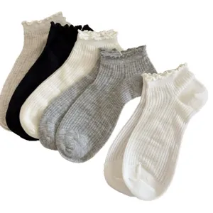 Women summer thin socks lettuce edge solid color mesh hollow out ballet style short socks
