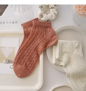 Summer breathable mesh lace ruffle short socks detail view, sweet cute style for women.