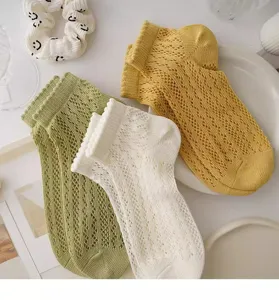 Detailed close-up view of women summer breathable floral lace mesh short socks in cute style.