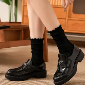Korean style ruffled mid-calf socks women spring thin solid color ballet core socks