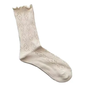 Womens mid-calf socks with lettuce edge and mesh polka dot pattern, lightweight spring wear.