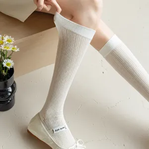 Women white ribbed knee high socks summer thin breathable cute fashion casual hosiery