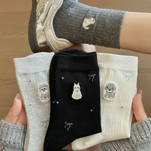 Cute embroidered mid-calf socks with adorable cat and dog patterns for sweet daily style wear