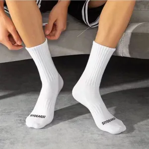 Men white crew socks with letter print, breathable cotton athletic long socks for autumn winter.
