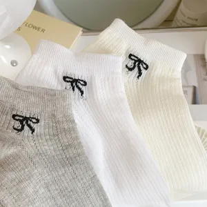 Korean style hollow breathable short socks women summer thin mesh fine stripe bow ankle socks
