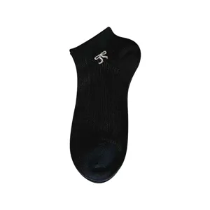 Women black short ankle socks featuring cute white bow embroidery, breathable thin mesh design.