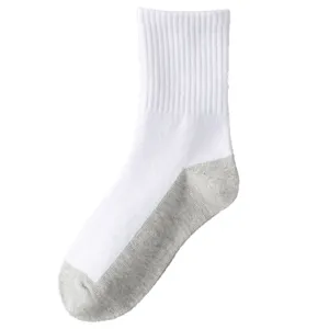 Men's mid-calf sports socks in white with grey heel and toe, breathable cotton blend casual.