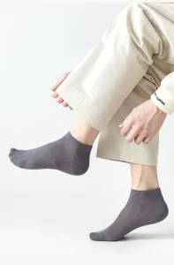 Men summer thin mesh breathable low cut boat socks in dark grey, casual everyday wear.