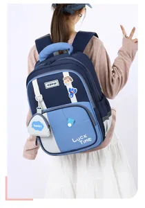 Close-up detail of the stylish blue student backpack with multiple compartments and cute pouch.