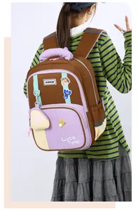 Close-up of trendy student backpack with multiple compartments and cute patches.