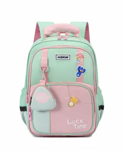 Student school backpack in fresh green and pink, featuring multiple compartments and pockets.