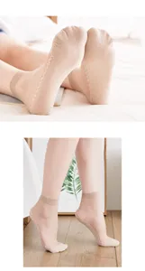 Detailed close-up view of women's thin nude silk socks with delicate lace trim and cotton bottom.