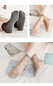 Sheer thin socks detail shot, cotton bottom design, breathable and anti-slip velvet style.