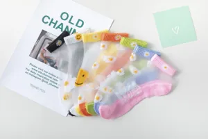 Transparent glass silk short socks with daisy and smiley patterns, summer mesh details.