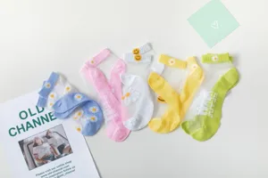 Summer sheer glass silk short socks with cute daisy embroidery, breathable mesh ankle socks.
