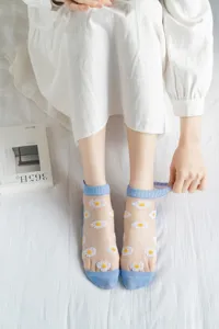 Transparent crystal socks for women, featuring cute white daisy patterns and blue trim design.