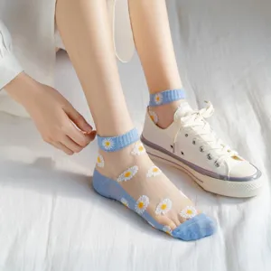 Women ice silk short socks summer mesh glass silk floral boat socks casual footwear