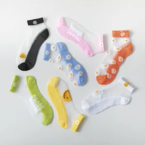 Summer sheer mesh socks for women featuring cute daisy and smiley face patterns in multi colors.
