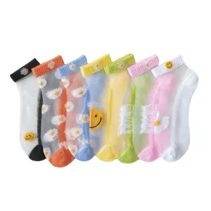 Women summer sheer glass silk casual boat socks set with cute daisy and smiley face patterns.