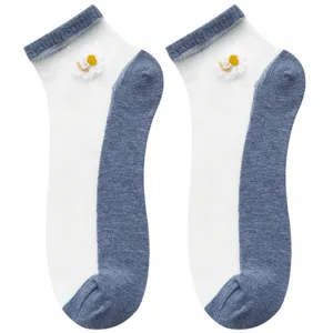 Summer women's transparent glass silk short socks with cute daisy embroidery and blue trim.