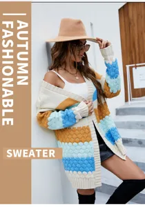 Detailansicht des Damen Colorblock Strickcardigans, stilvolle Herbst Oberbekleidung casual.