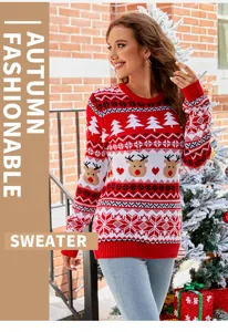 Damen Weihnachtspullover Herbst Winter langarm Strickpullover casual Rentier Muster Oberteil