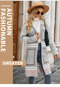 Long hooded knitted cardigan featuring stylish stripe and plaid patterns for autumn wear.