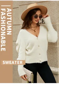 Morbido cardigan in maglia soffice con scollo a V e bottoni di perla, elegante maglione.