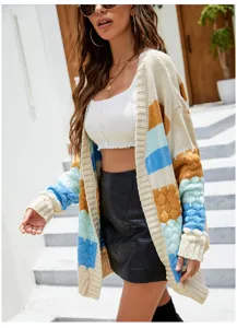 Lockerer Damen Strickcardigan mit Farbblock Design, lässiger Langarm Pullover.