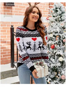 Damen Weihnachten Jacquard Pullover Winter Langarm Strickpullover Lässiges Oberteil