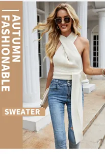 Women Sexy Halter Knit Crop Top Backless Solid Color Summer Fashion Sleeveless Shirt