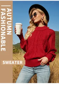 Vrouwen effen coltrui lantaarnmouw kabelsteek trui casual herfst gebreide top mode