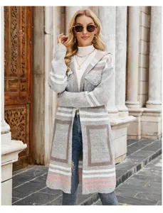 Grey long hooded knitted cardigan scene, featuring pink white stripes, casual daily wear style.